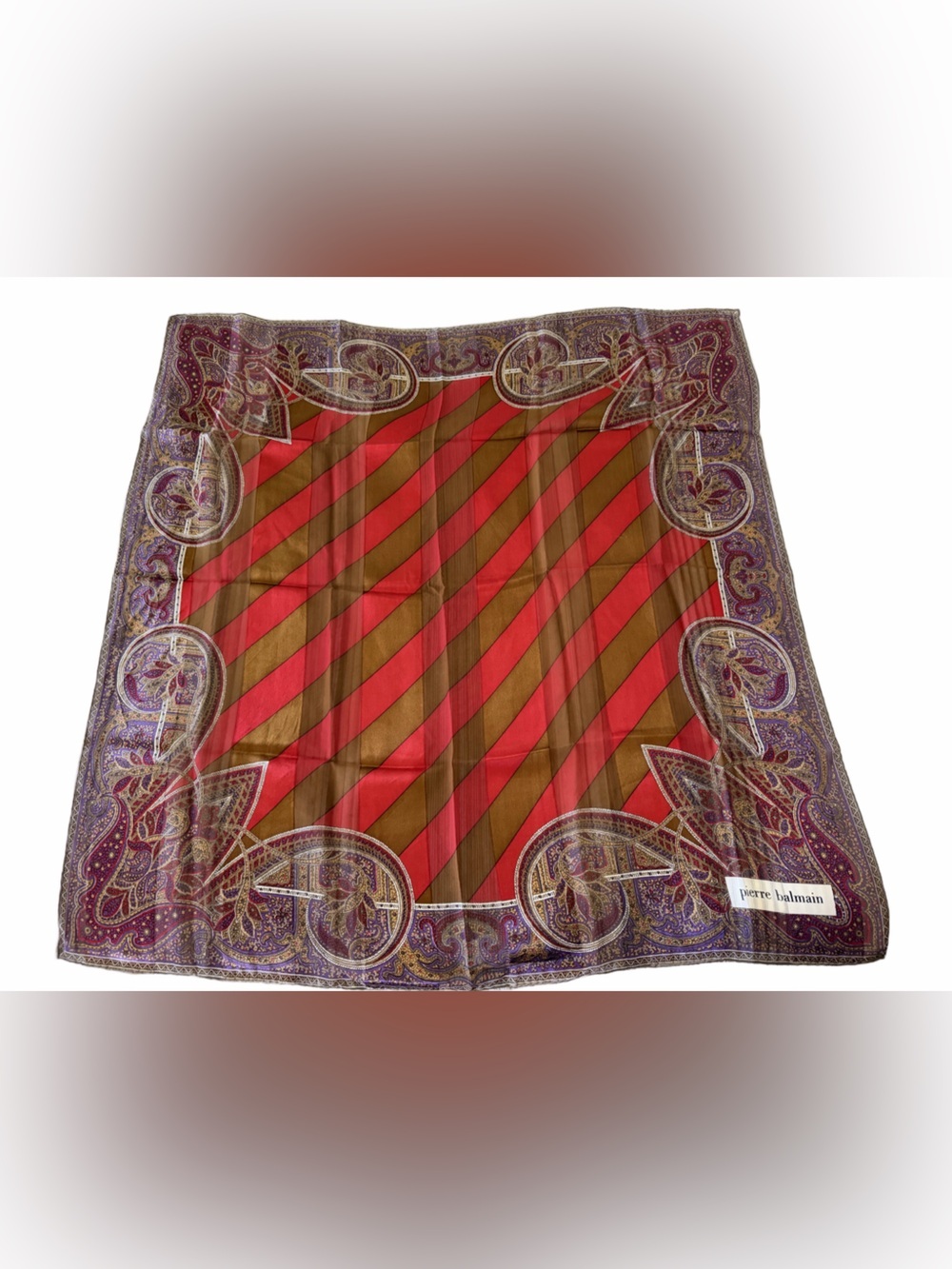 Vintage Pierre Balmain Silk Scarf Crimson Gold Stripe Paisley Large Square Scarf